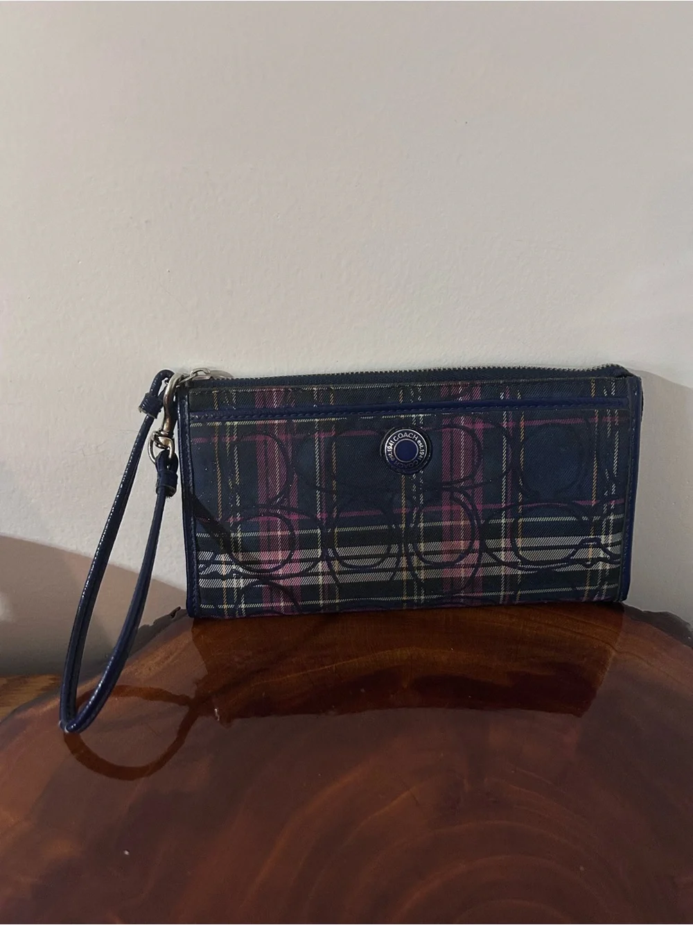 Coach Plaid Signature Wristlet in Navy with Pink & Cream Accents